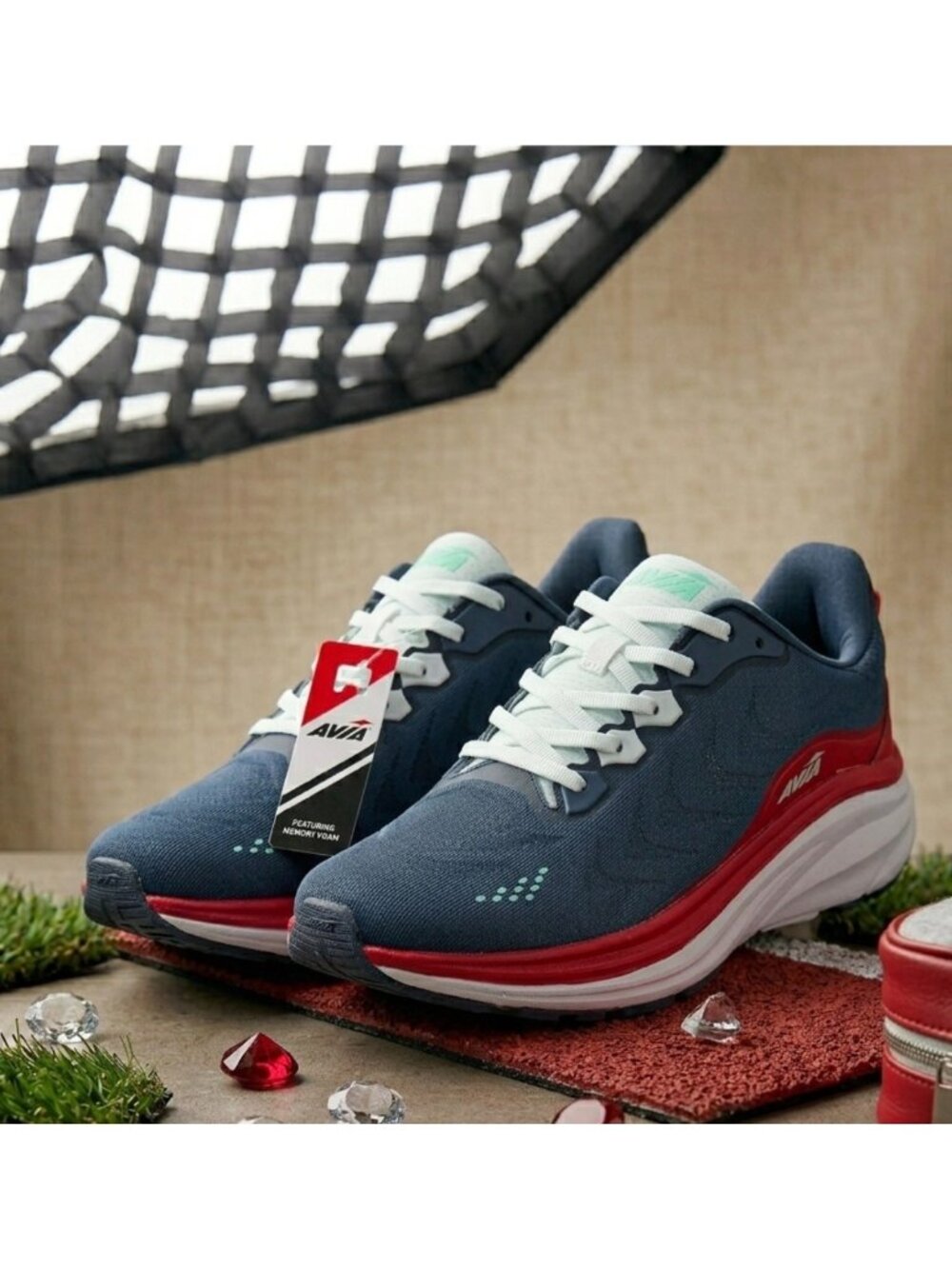 Avia Mens Memory Foam Athletic Shoes Navy/Red Size 9.5 Lightweight Breathable Sn